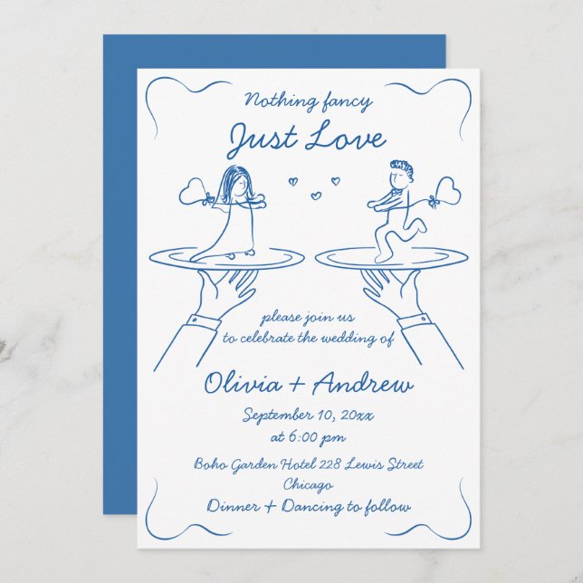 Blue Whimsical Hand Drawn Handwritten  Wedding Invitation (Front/Back)