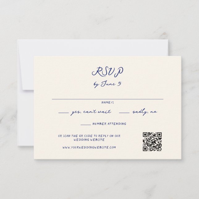 Blue Whimsical Handwritten Wedding QR Code RSVP Card (Front)