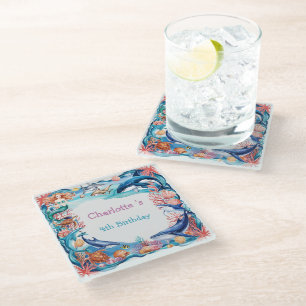 Blue whimsical mermaid whale fish shark birthday glass coaster