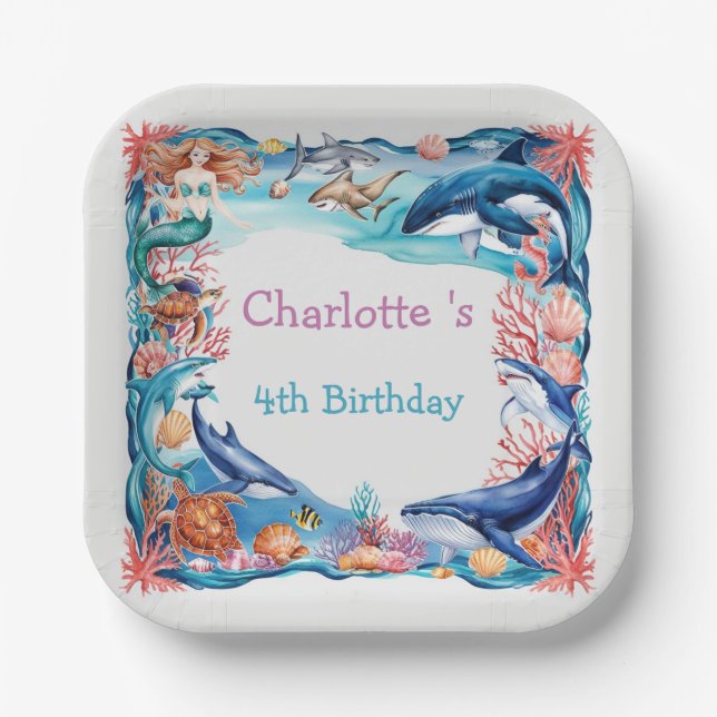 Blue whimsical mermaid whale fish shark birthday  paper plate (Front)