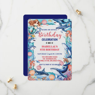 Blue whimsical mermaid whale fish shark birthday save the date