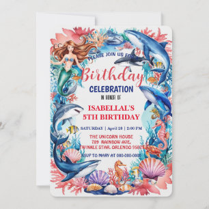 Blue whimsical mermaid whale fish shark birthday save the date