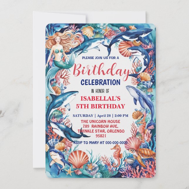 Blue whimsical mermaid whale fish shark birthday save the date (Front)