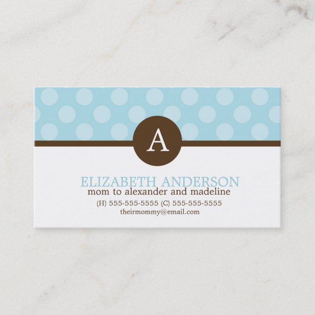 Blue Whimsical Polka Dots Pattern Monogram Calling Card (Front)