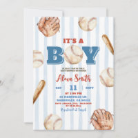 Blue Whimsical Stripe Boy Baseball Baby Shower