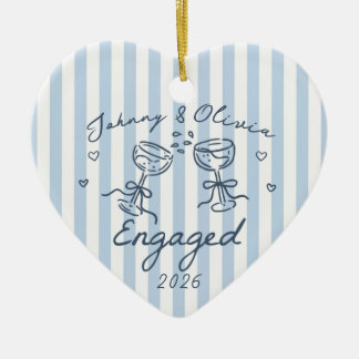 Blue Whimsical Striped Christmas Engaged Ceramic Ornament