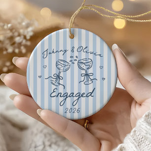 Blue Whimsical Striped Christmas Engaged Ceramic Ornament
