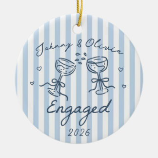 Blue Whimsical Striped Christmas Engaged Ceramic Ornament