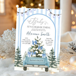 Blue Whimsical Stripes Cold Outside Baby Shower Invitation