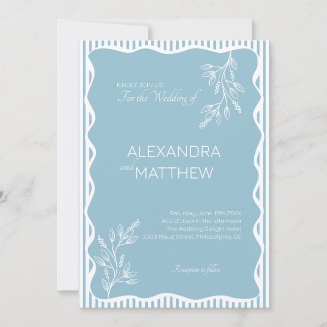 Blue Whimsical Wavy Border Wedding Invitation (Front)