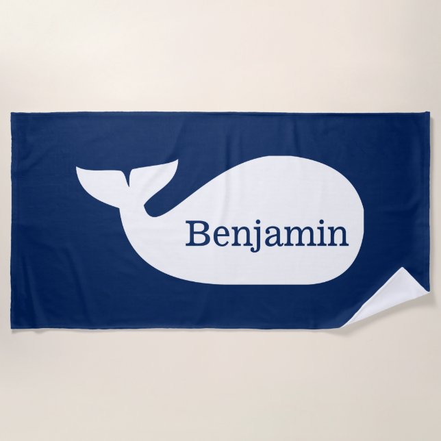 Blue Whimsical Whale Personalized Children's Beach Towel (Front)
