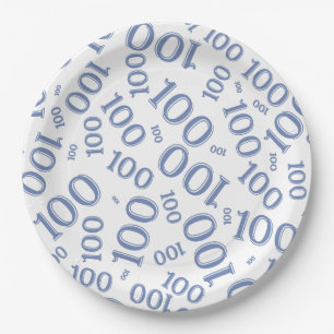 Blue/White 100th Birthday Party Number Pattern Paper Plate