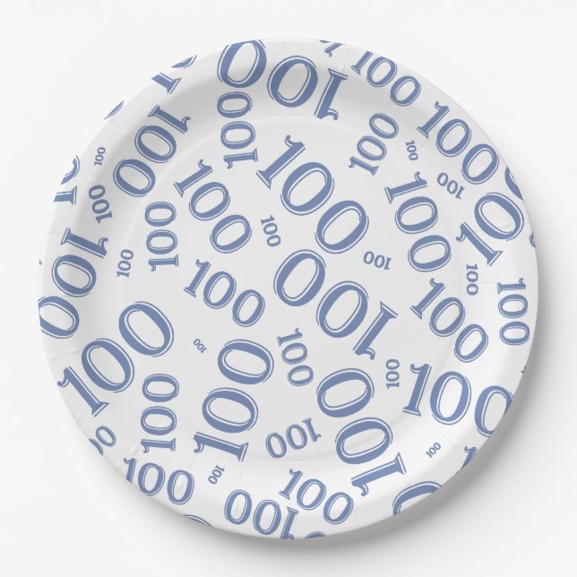 Blue/White 100th Birthday Party Number Pattern Paper Plate (Front)