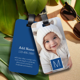 Blue White 1 Photo Collage Custom Monogram Luggage Tag