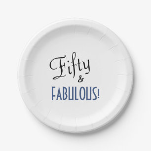 Blue & White 50th Birthday Fifty & FABULOUS! Paper Plate