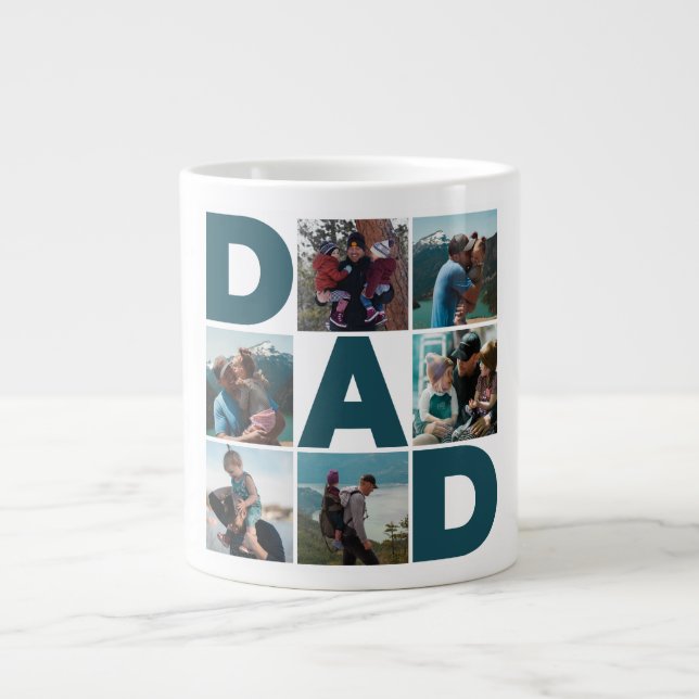 Blue & White 6 Photo Collage Dad  Large Coffee Mug (Front)