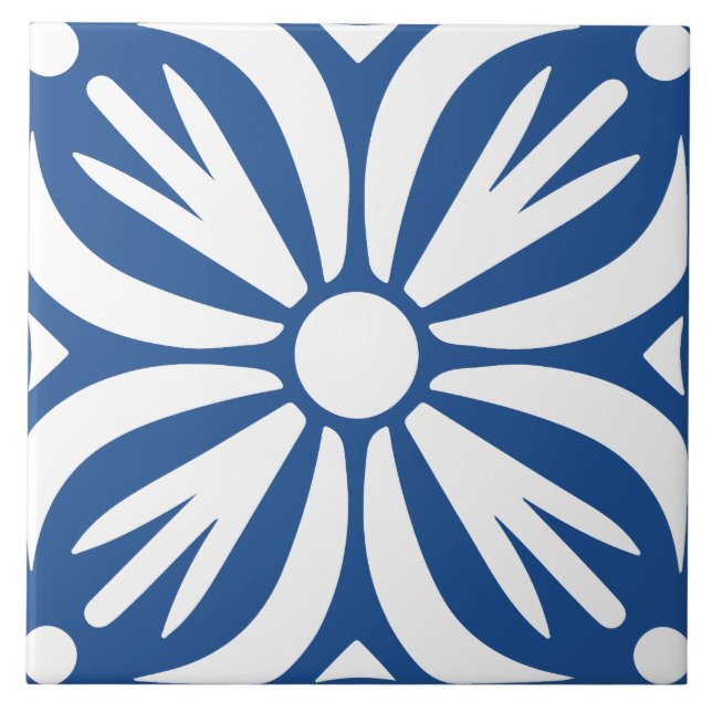 Blue &white abstract floral geometric  tile (Front)