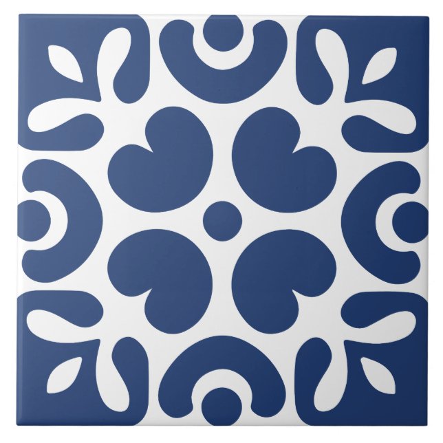 Blue &white abstract floral geometric  tile (Front)