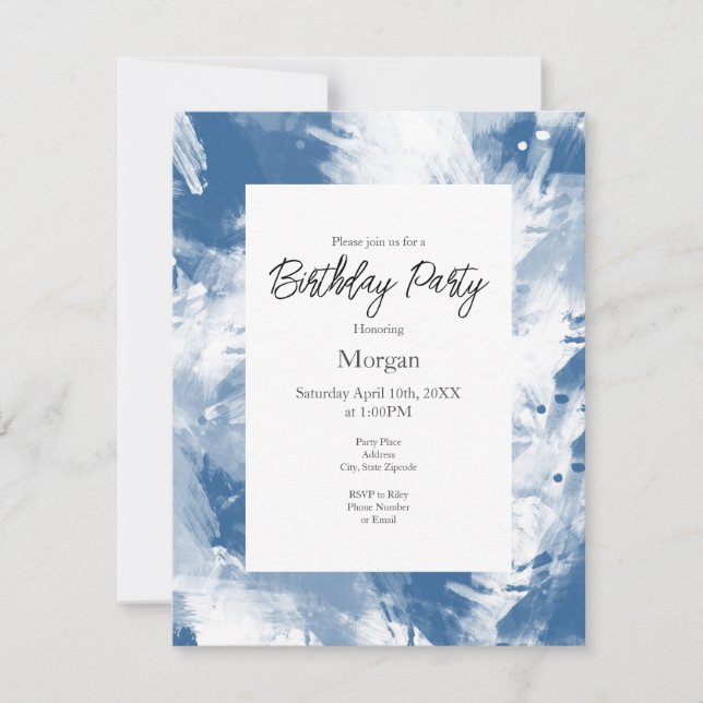 Blue White Abstract Modern Brushstrokes  Invitation (Front)