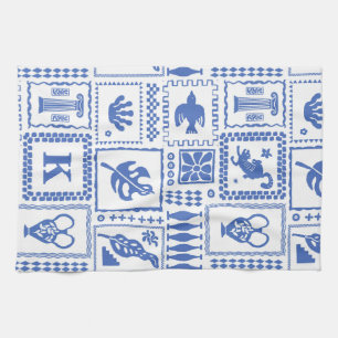 Blue White Abstract Monogram Gift Kitchen Towel