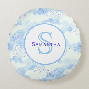 Blue & White Abstract Textured Clouds Mongram Round Pillow
