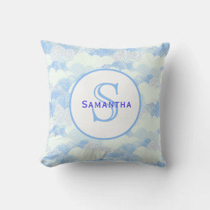 Blue & White Abstract Textured Clouds Mongram Throw Pillow