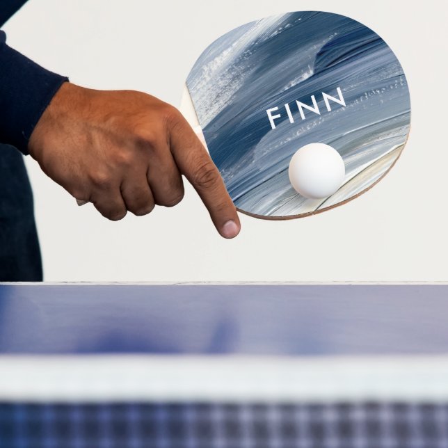 Blue white abstract textured modern hand painted ping pong paddle (Insitu)