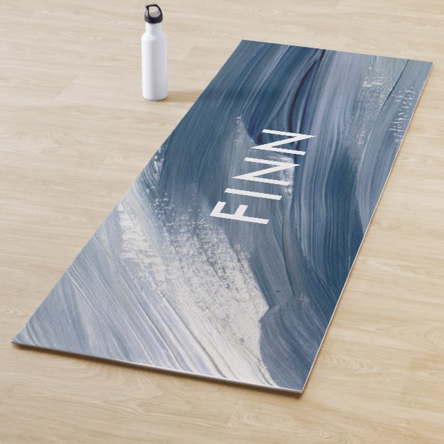 Blue white abstract textured modern hand painted yoga mat (In Situ)