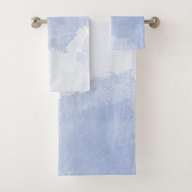 Blue white abstract watercolor splash coastal bath towel set (Insitu)