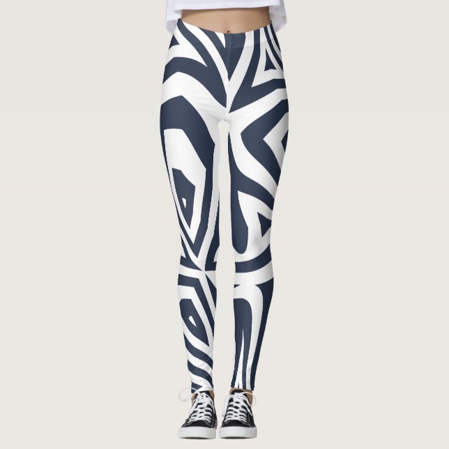 Blue White Abstract Zebra Print Womens Leggings (Front)
