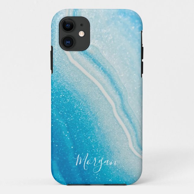 Blue & White Agate Style Glitter, DIY Name Case-Mate iPhone Case (Back)