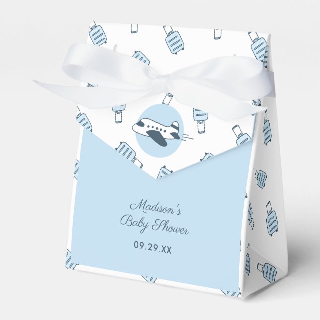 Blue White Airplane + Luggage Pattern Baby Shower Favor Box (Front Side)
