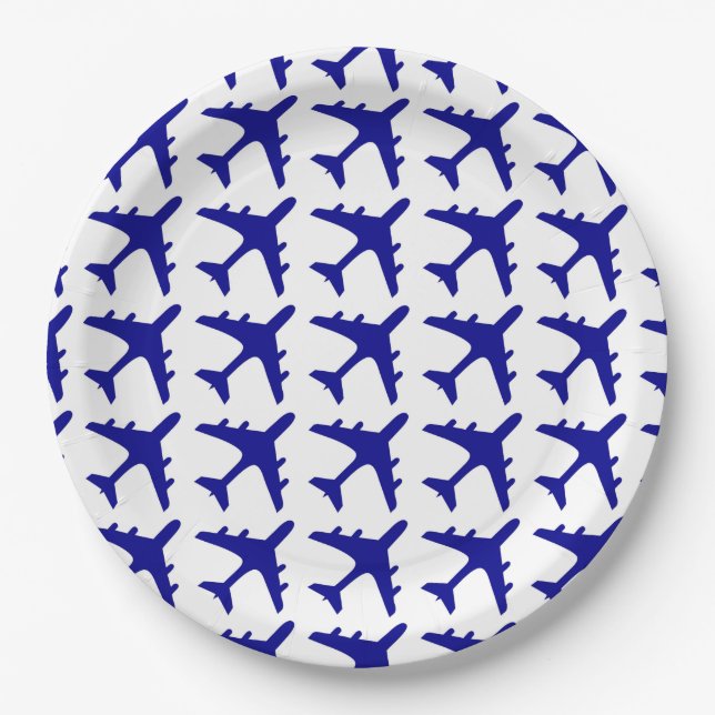 Blue white airplane pattern paper plates (Front)