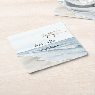 Blue White Airplanes Square Paper Coaster