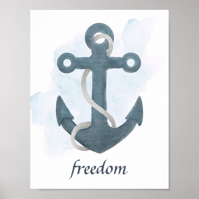 Blue White Anchor Nautical Ocean Theme Poster (Front)