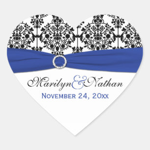 Blue, White, and Black Damask Heart Shape Sticker