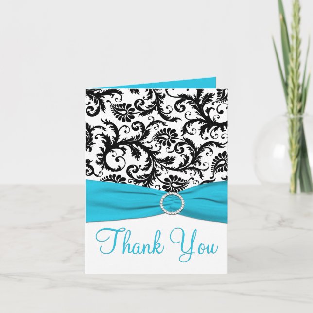 Blue, White, and Black Damask Thank You Note Card (Front)