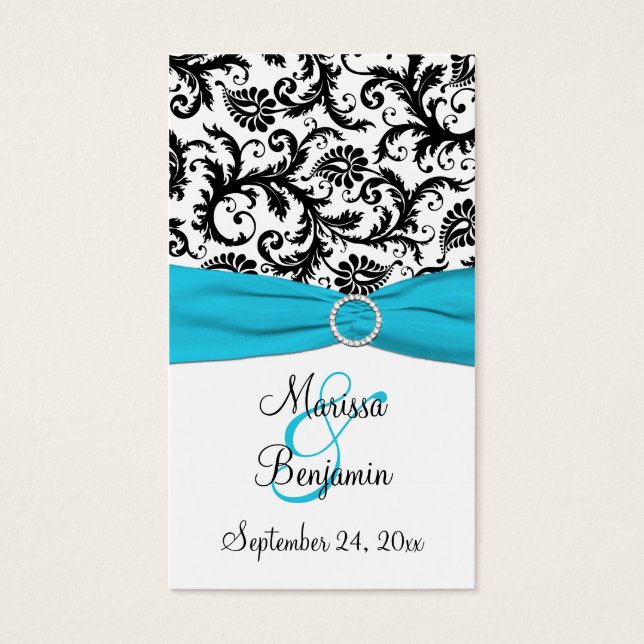 Blue, White, and Black Damask Wedding Favour Tag (Front)
