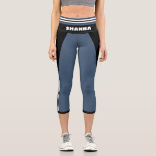 Blue White and Black Racing Stripe Name Template Capri Leggings