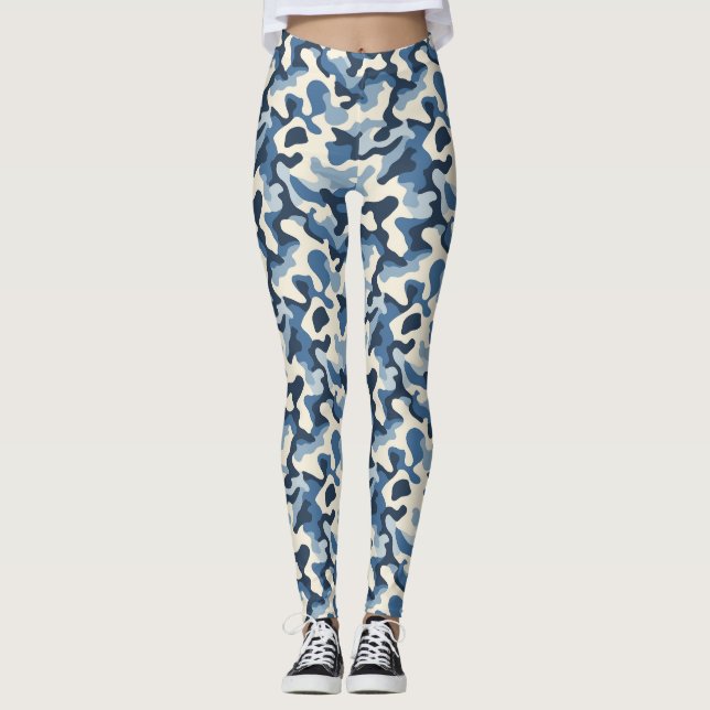 Blue,White and Black Retro Camo Pattern Leggings (Front)