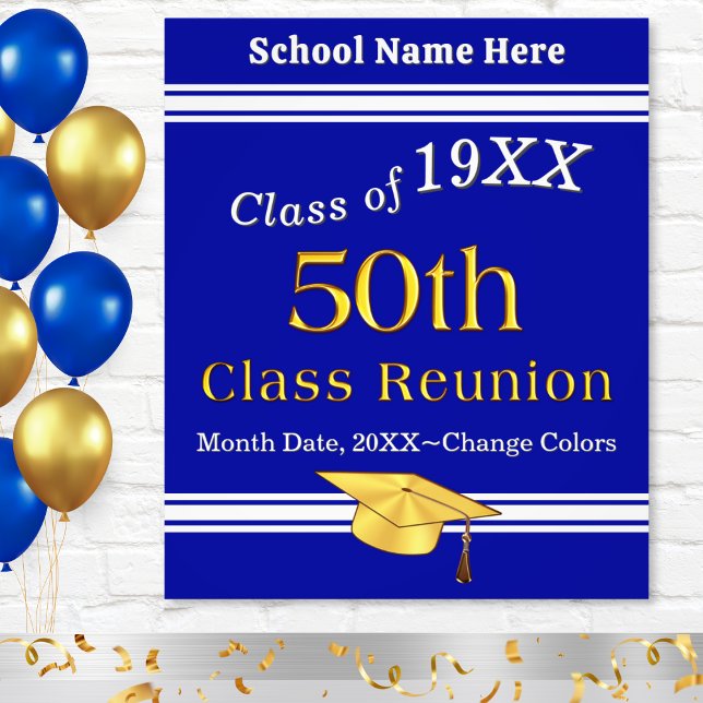 Blue, White and Gold, 50th Class Reunion Ideas, Photo Print (50th class reunion decorations, blue, white and gold high school reunion poster. 50 year reunion.)