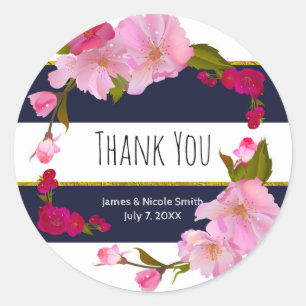 Blue White and Gold Modern Floral Chic Glam Party Classic Round Sticker