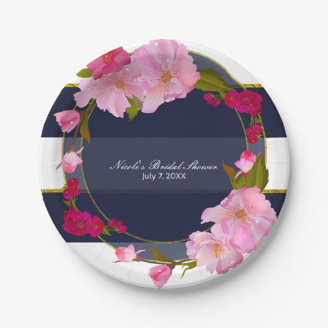 Blue White and Gold Modern Floral Chic Glam Party Paper Plate (Front)