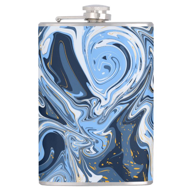 Blue, White and Gold Swirls Fluid Art Hip Flask (Front)