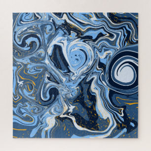 Blue, White and Gold Swirls Fluid Art Jigsaw Puzzle