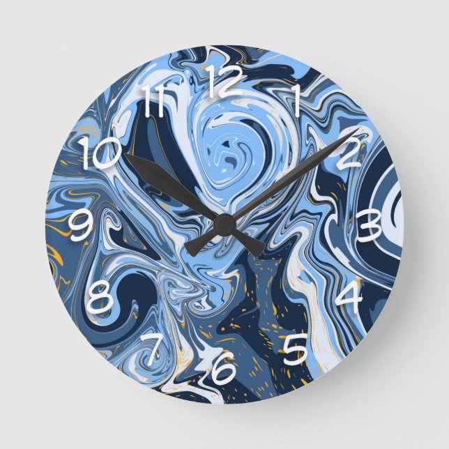 Blue, White and Gold Swirls Fluid Art  Round Clock (Front)