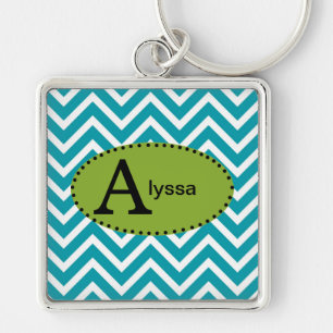 Blue White and Green Chevron Personalized Keychain