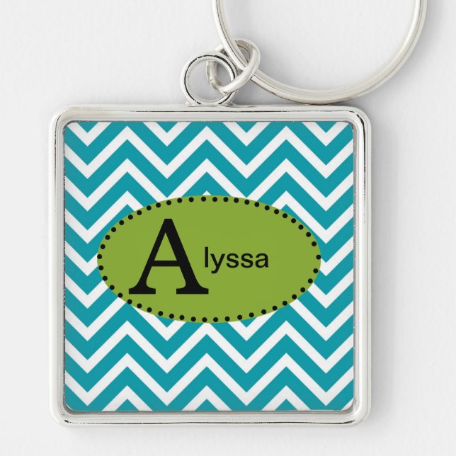 Blue White and Green Chevron Personalized Keychain (Front)