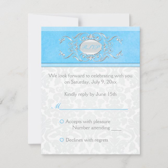 Blue, White, and Grey Damask Reply Card (Front)