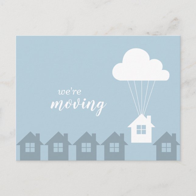 Blue White and Grey We're Moving Flying Home Postcard (Front)